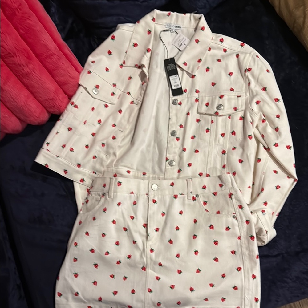 Fashion Nova White Jean Jacket with Red Strawberry Print